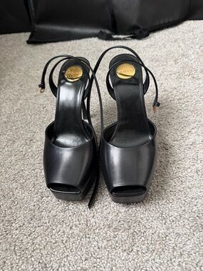Saint Laurent Black Leather Platform Peep-Toe Ankle-Strap Heels